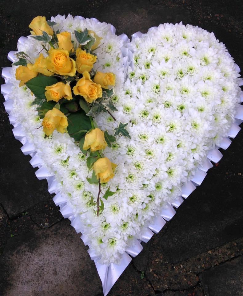White Based heart with Yellow rose spray
